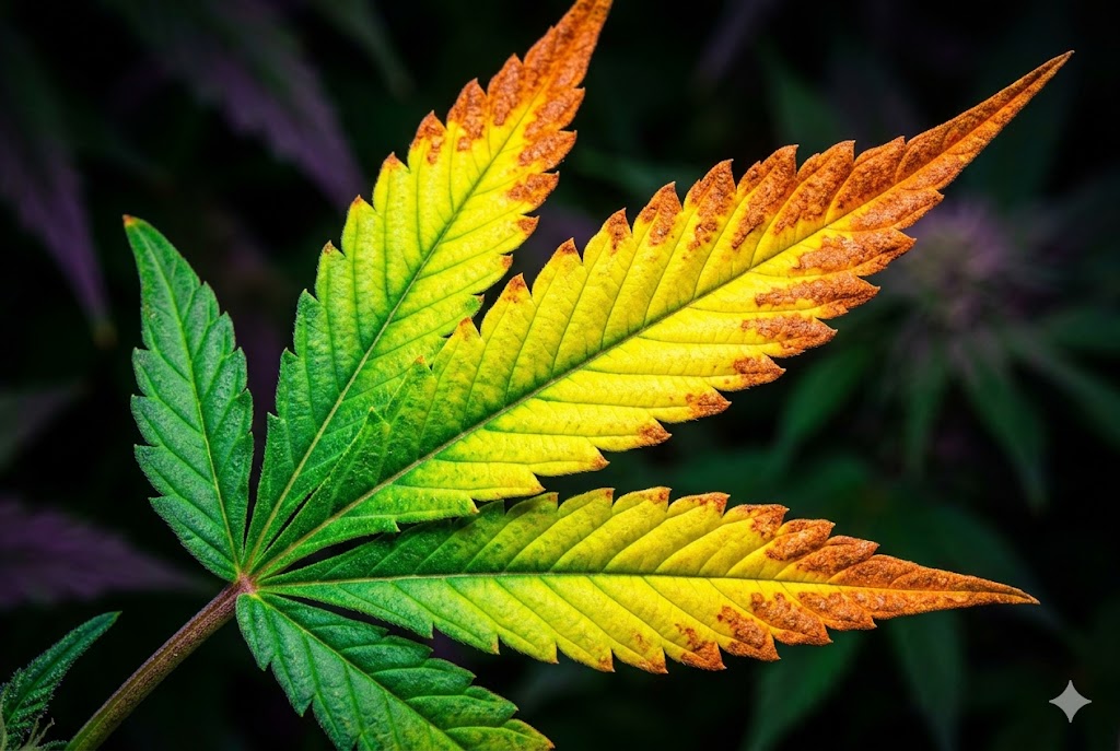Grower carefully examining and diagnosing symptoms on a healthy cannabis leaf
